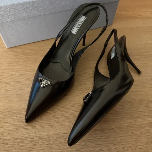 Prada Black Leather Slingback Stiletto Heels Size 40 - Picture 2 of 10